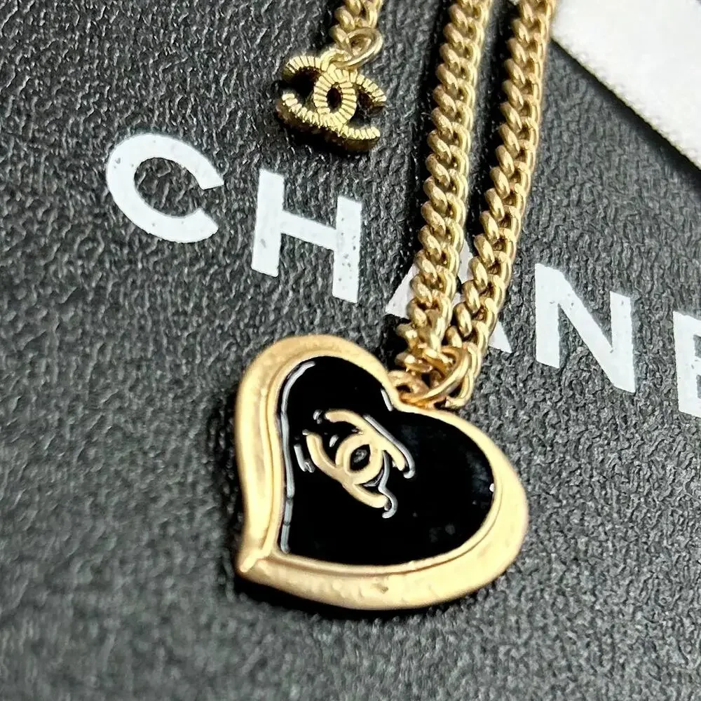 Genuine 18k Gold Plated Chanel Black Enamel Heart CC Logo Luxury Holiday Gift - Picture 1 of 8